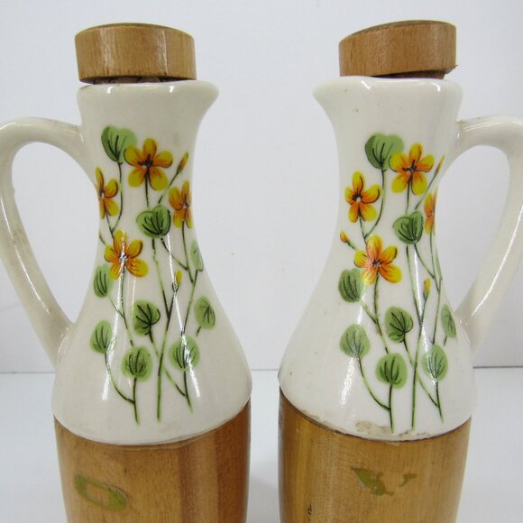 Oil and Vinegar Cruet Set Wood & Hand Painted Flowers with Cork Stoppers - Picture 2 of 6
